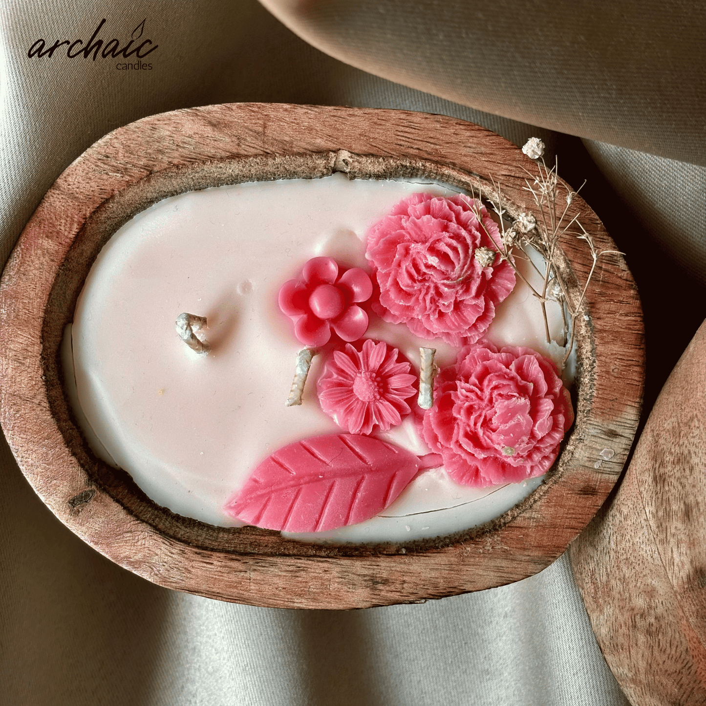 Wooden Boat Pink flower candle | Rose Drift| Pure soy wax candles