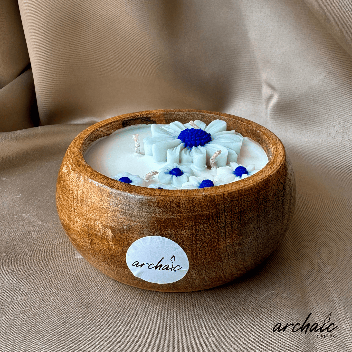 Wooden Bowl Blue flower candle |Blue Serenity| Pure soy wax candles