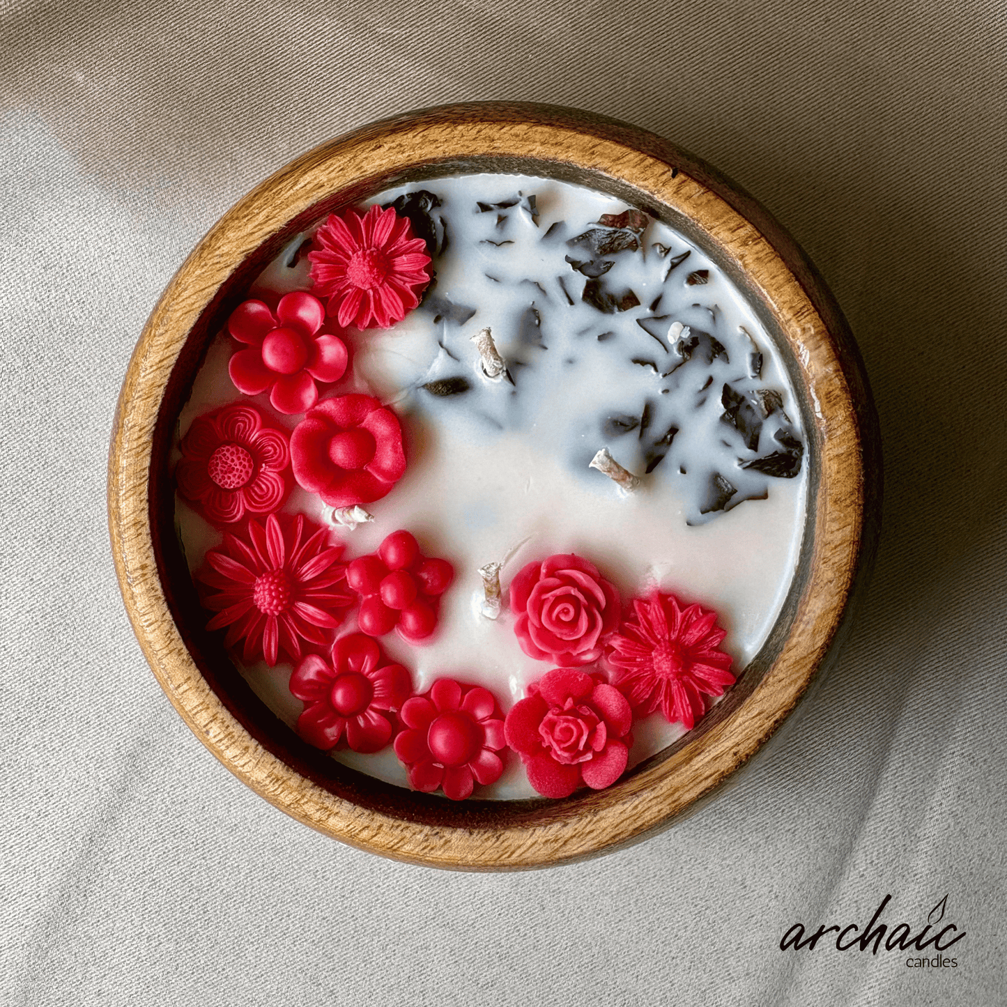 Wooden Bowl Red Small Flowers Scent candle | Ruby Petal| Pure soy wax candles