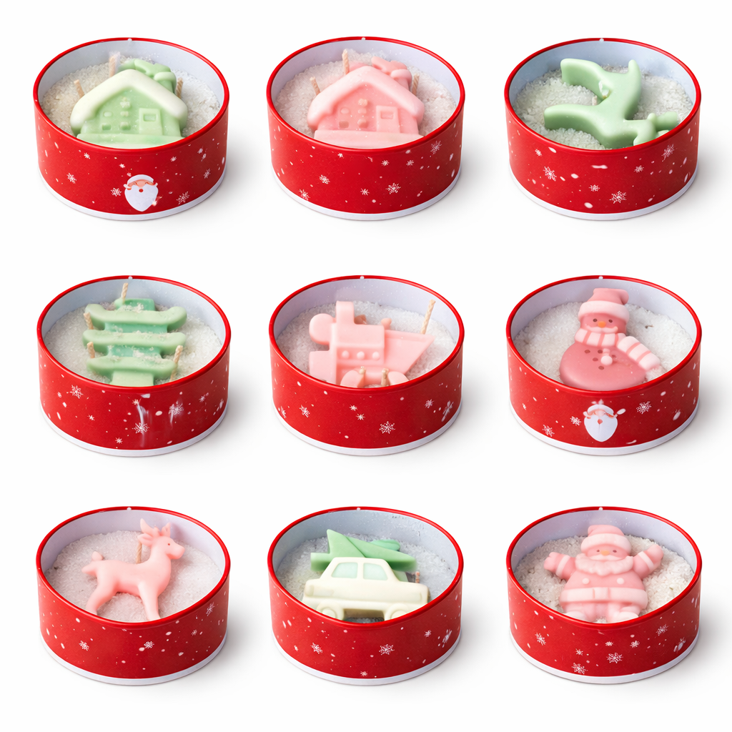 Christmas tin soy wax candles with festive holiday shapes plain