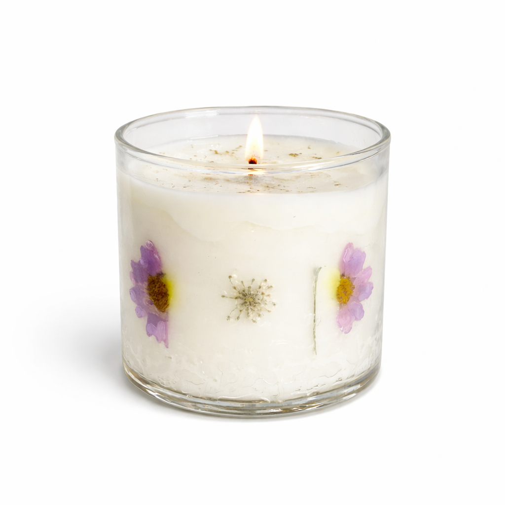 Petal Glow botanical glass soy and gel candle with dried flowers Plain