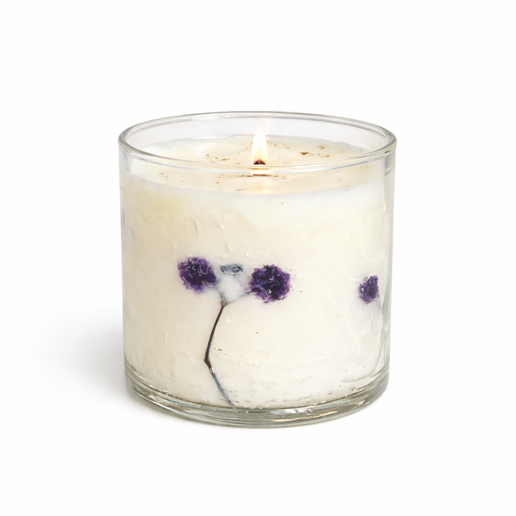 Violet Whisper botanical glass soy and gel candle with dried purple flowers plain