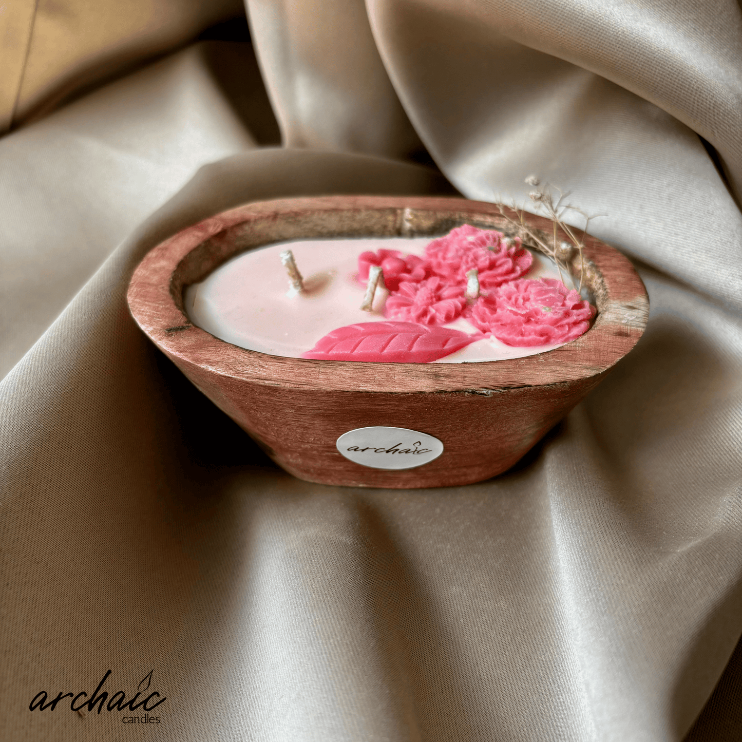 Wooden Boat Pink flower candle | Rose Drift| Pure soy wax candles