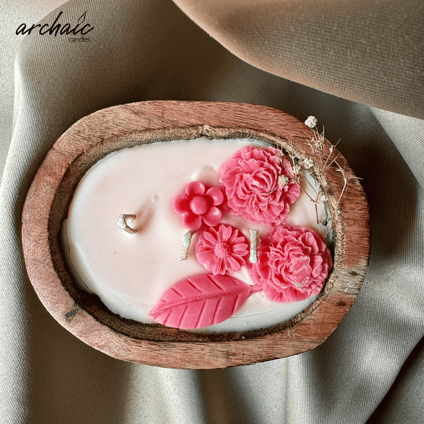 Wooden Boat Pink flower candle | Rose Drift| Pure soy wax candles
