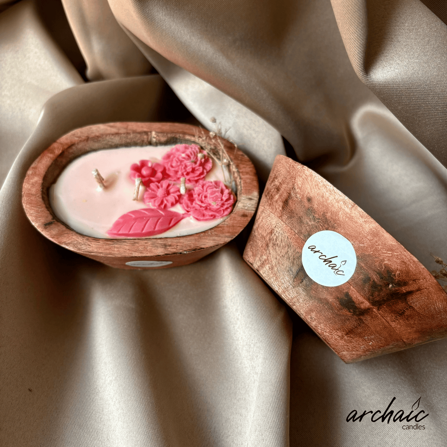 Wooden Boat Pink flower candle | Rose Drift| Pure soy wax candles