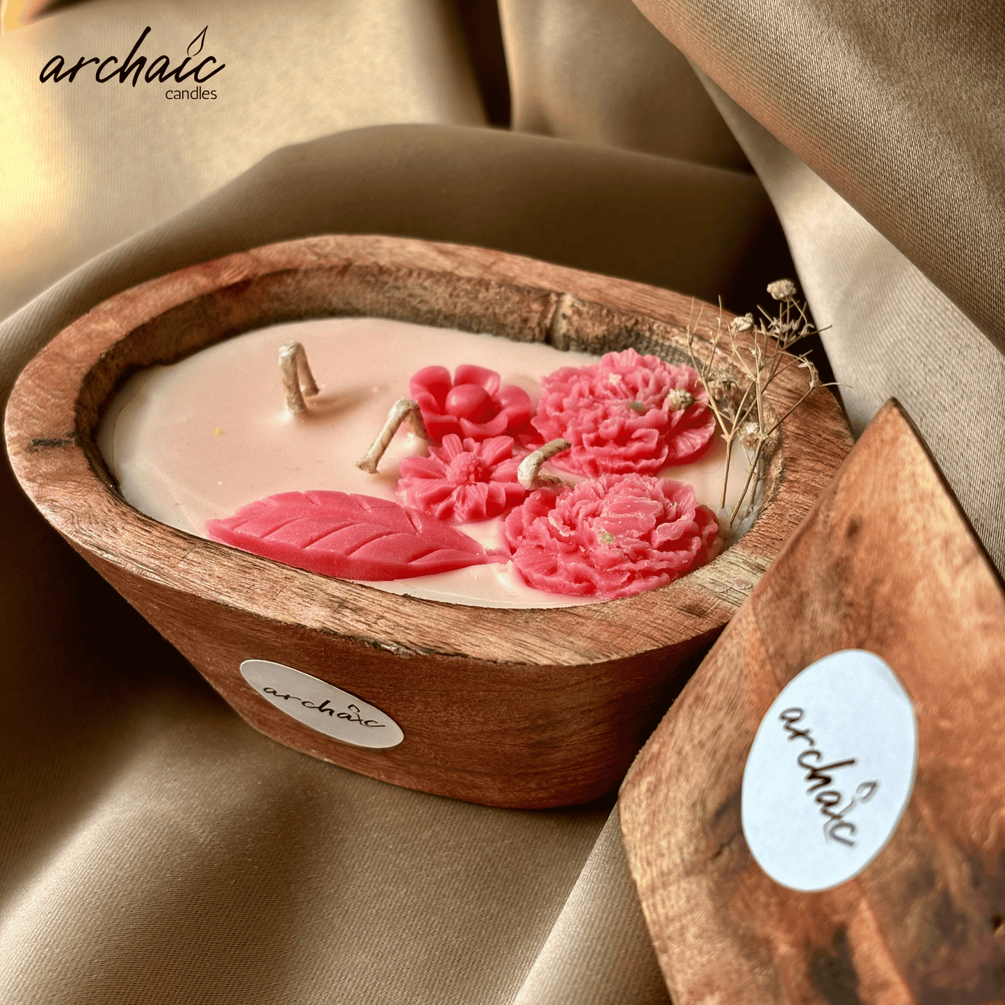 Wooden Boat Pink flower candle | Rose Drift| Pure soy wax candles