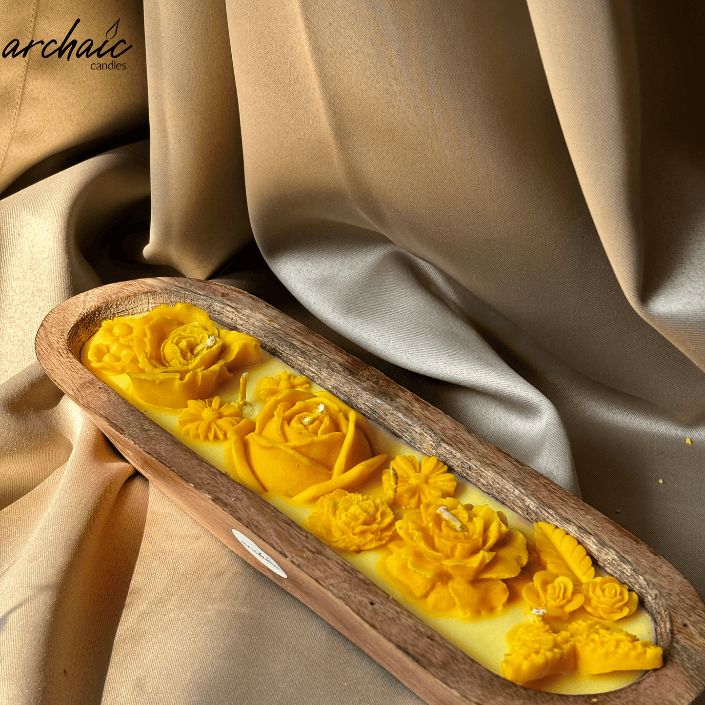 Yellow Sandalwood Wooden Boat Candle |Golden Ember| Handcrafted Floral Soy Wax Candle