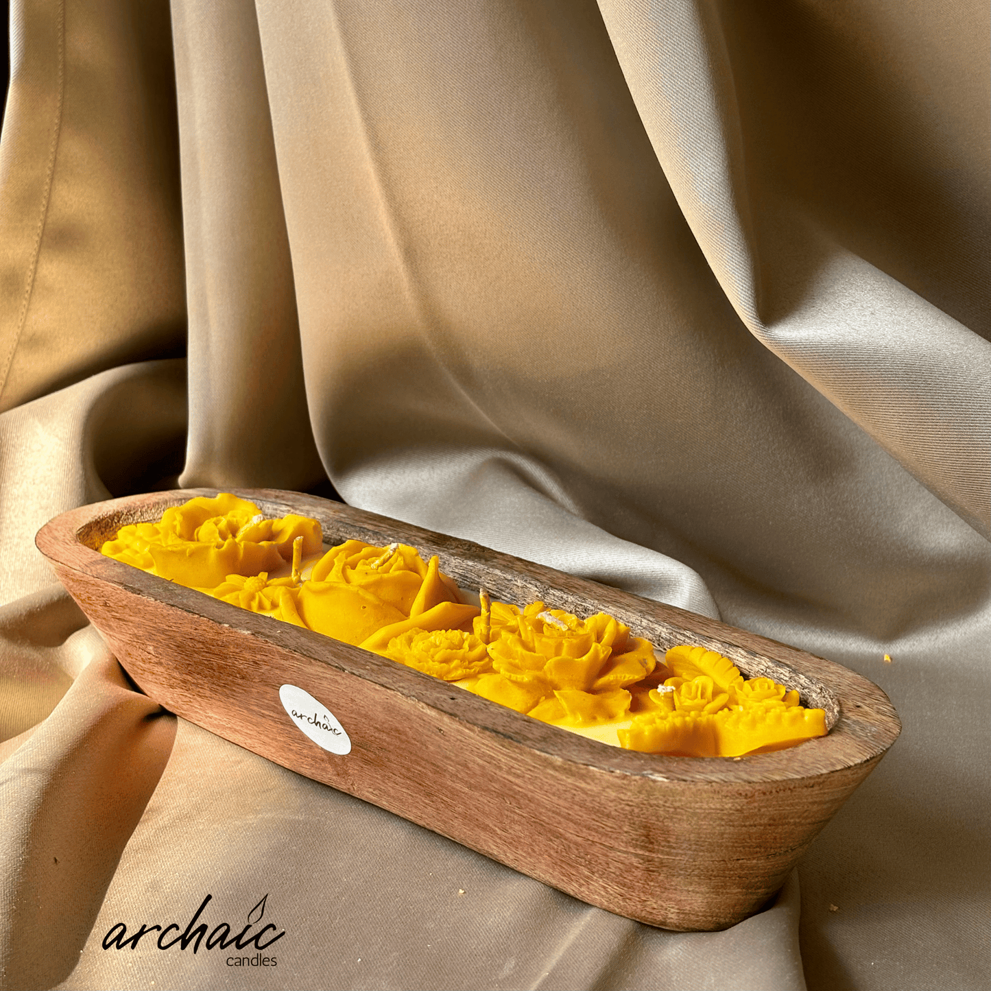 Yellow Sandalwood Wooden Boat Candle |Golden Ember| Handcrafted Floral Soy Wax Candle