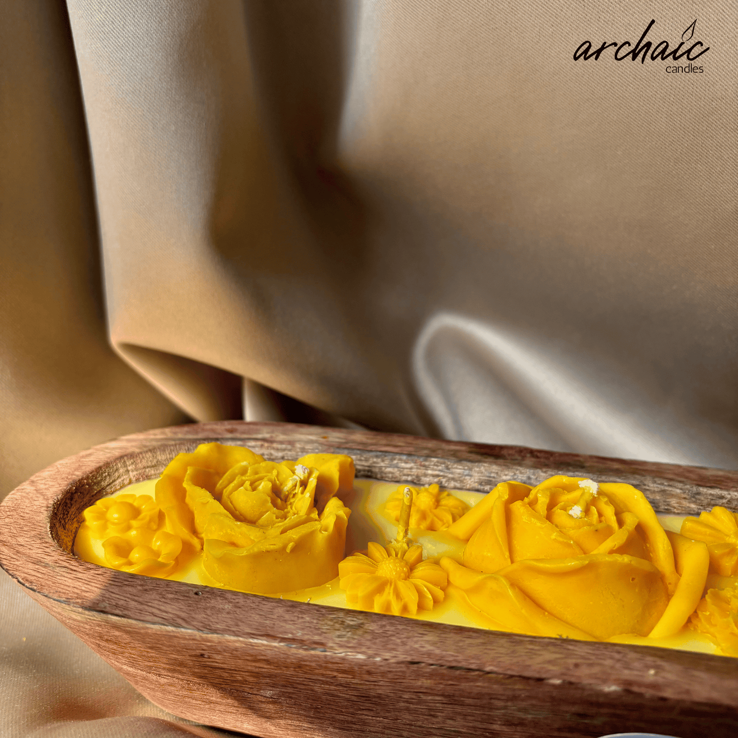 Yellow Sandalwood Wooden Boat Candle |Golden Ember| Handcrafted Floral Soy Wax Candle