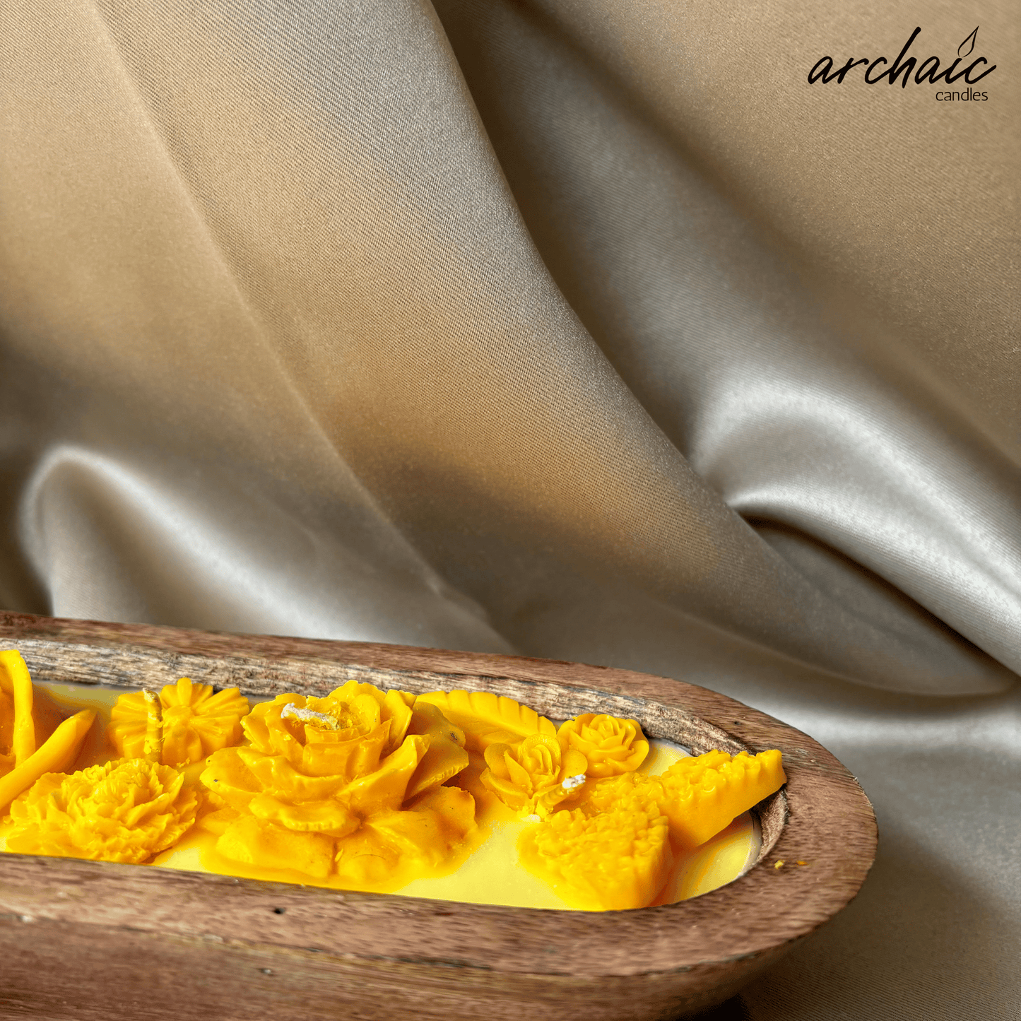 Yellow Sandalwood Wooden Boat Candle |Golden Ember| Handcrafted Floral Soy Wax Candle