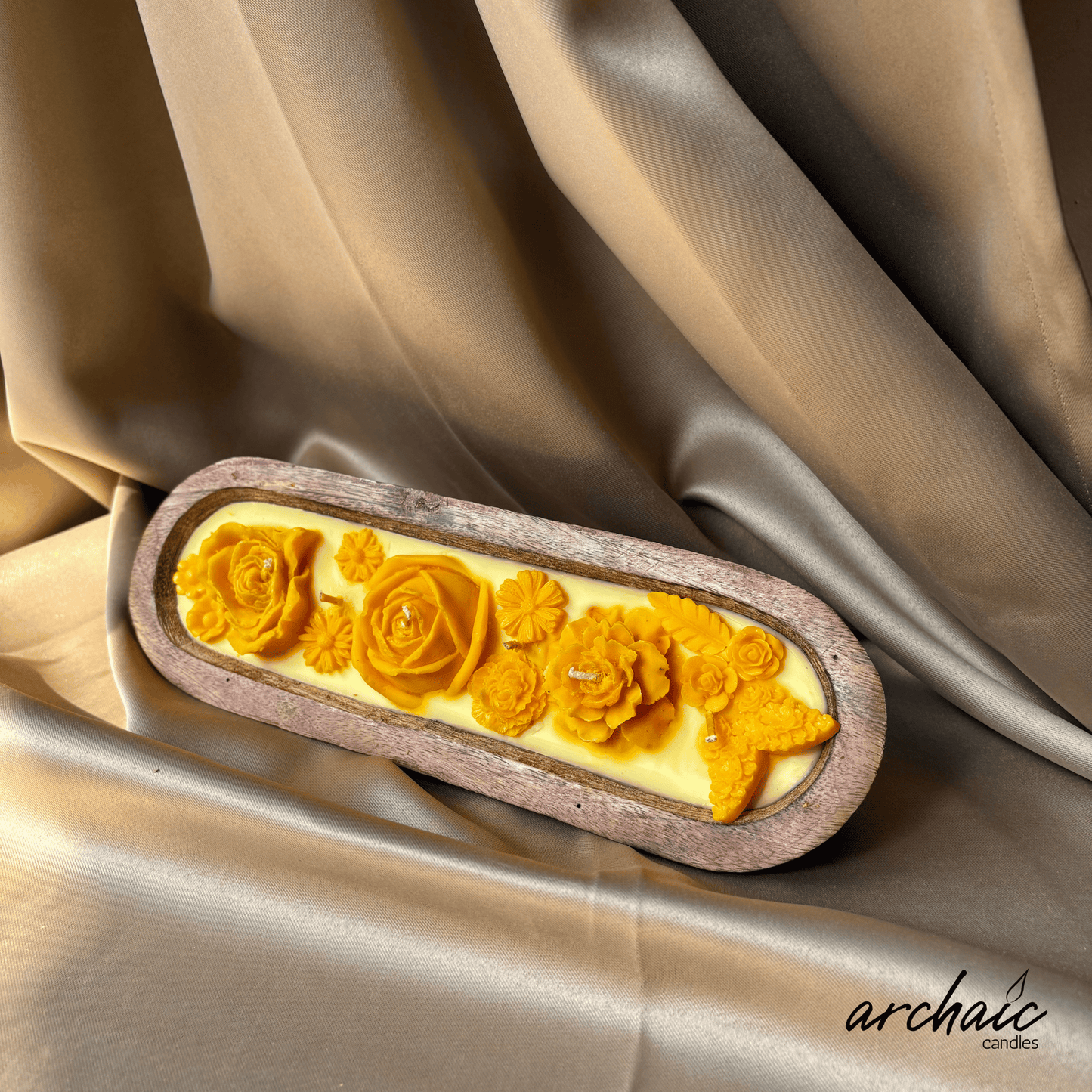 Yellow Sandalwood Wooden Boat Candle |Golden Ember| Handcrafted Floral Soy Wax Candle