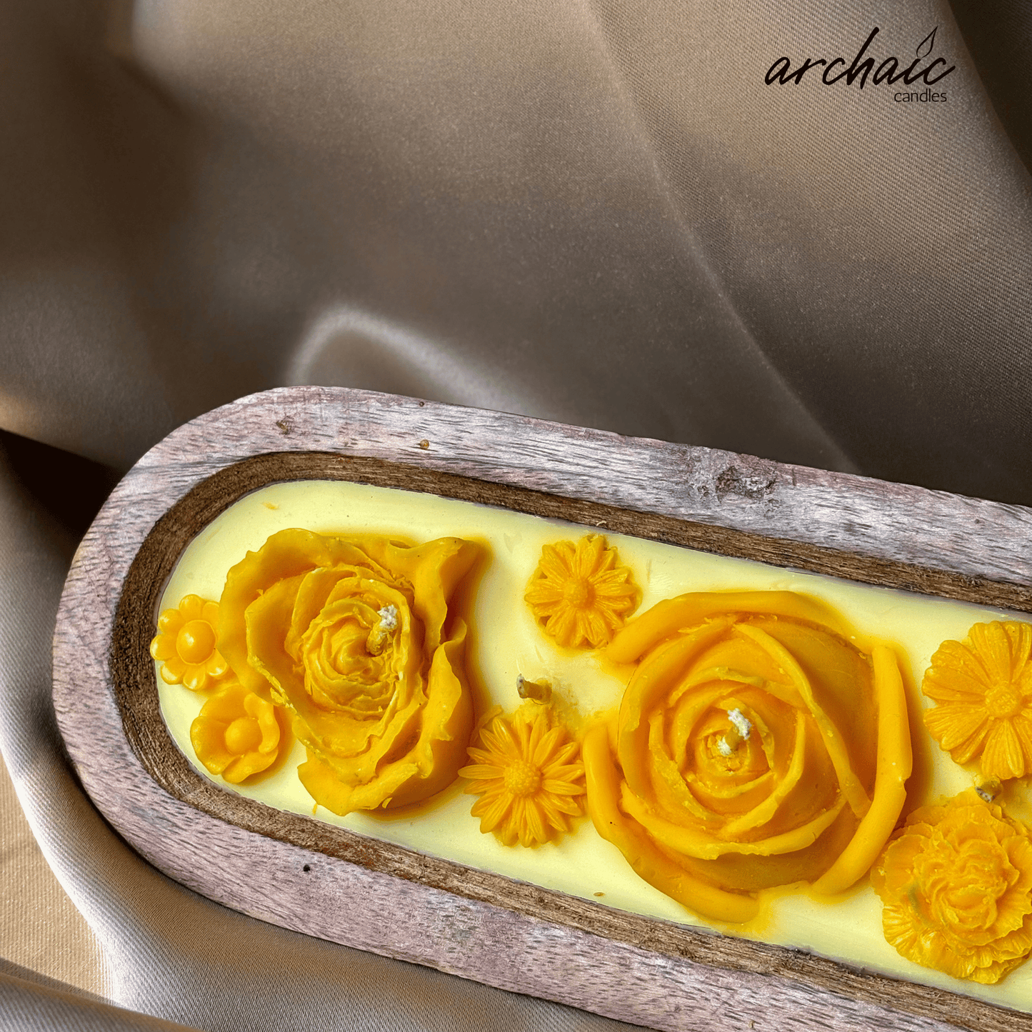 Yellow Sandalwood Wooden Boat Candle |Golden Ember| Handcrafted Floral Soy Wax Candle