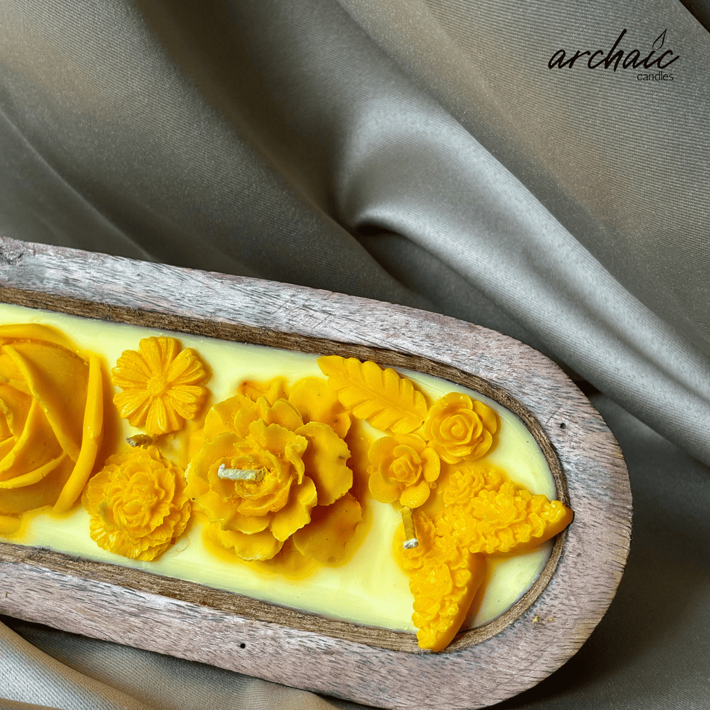 Yellow Sandalwood Wooden Boat Candle |Golden Ember| Handcrafted Floral Soy Wax Candle