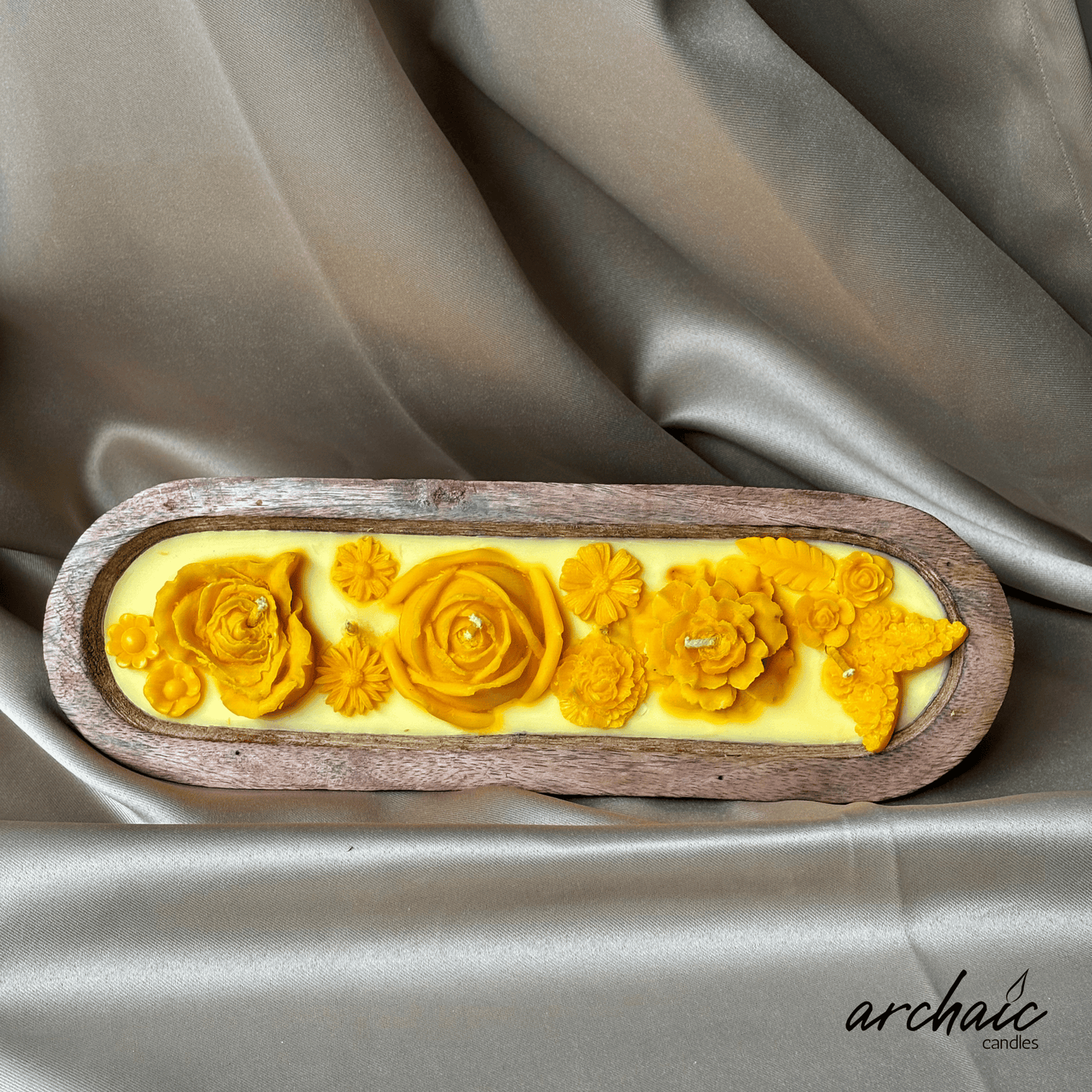 Yellow Sandalwood Wooden Boat Candle |Golden Ember| Handcrafted Floral Soy Wax Candle