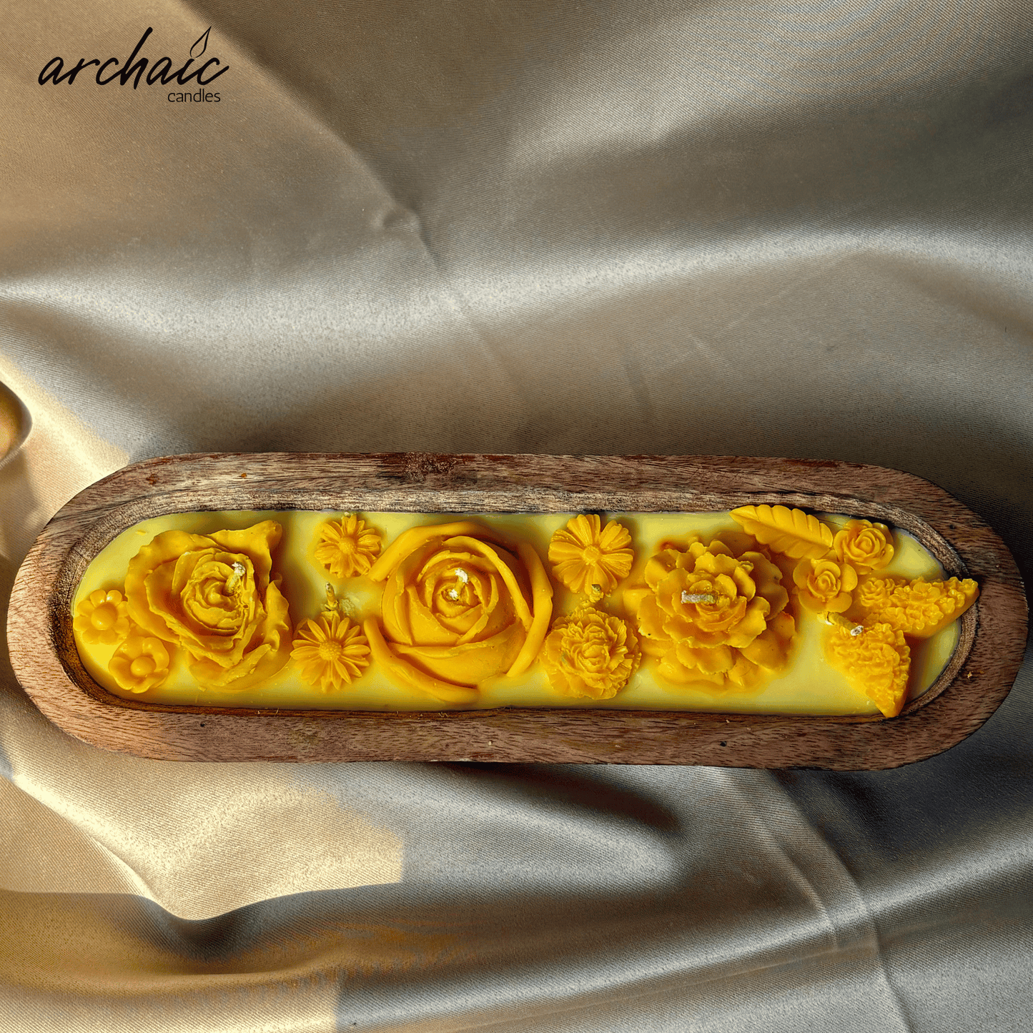 Yellow Sandalwood Wooden Boat Candle |Golden Ember| Handcrafted Floral Soy Wax Candle