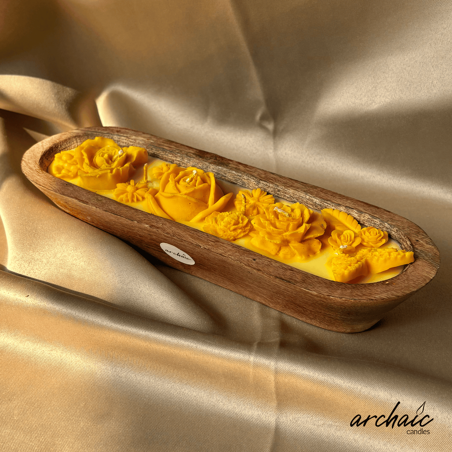 Yellow Sandalwood Wooden Boat Candle |Golden Ember| Handcrafted Floral Soy Wax Candle