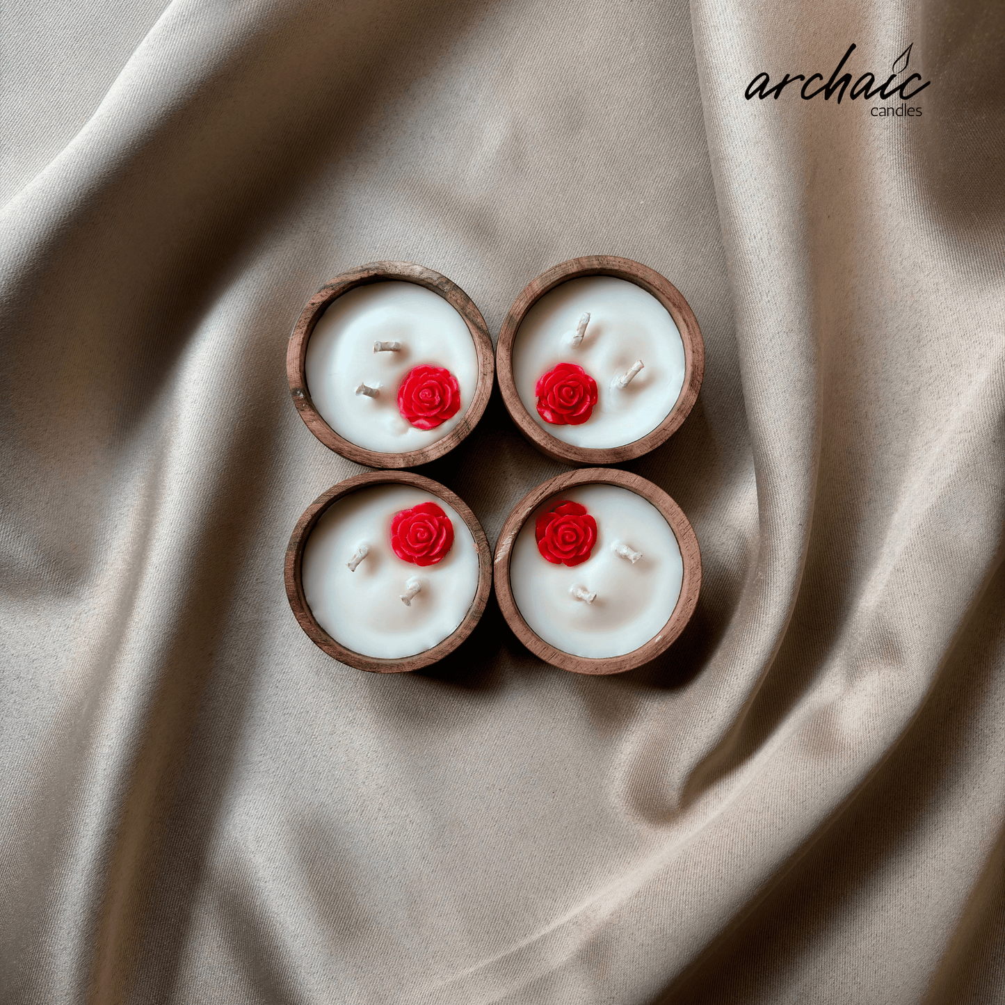 Wooden Small Circle Red Flower candle |Ruby Glow|Pure soy wax candles