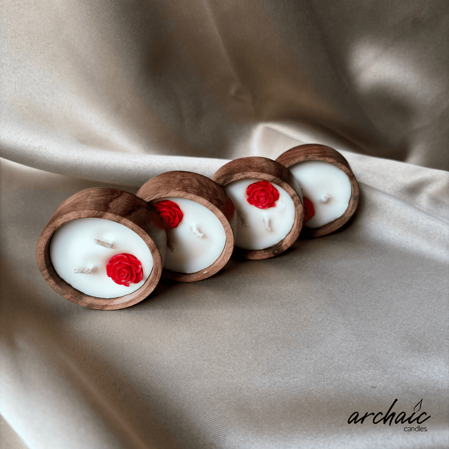 Wooden Small Circle Red Flower candle |Ruby Glow|Pure soy wax candles