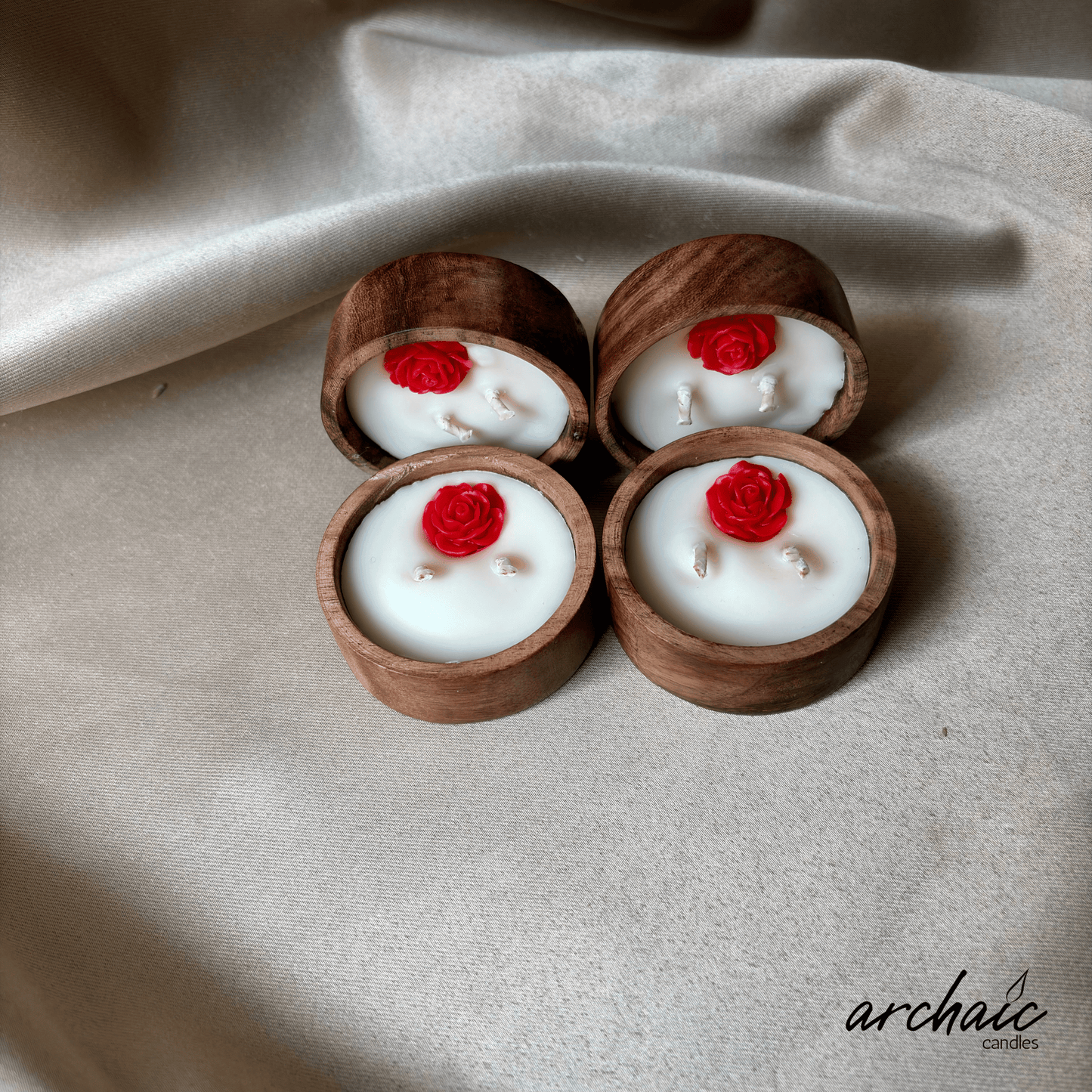 Wooden Small Circle Red Flower candle |Ruby Glow|Pure soy wax candles