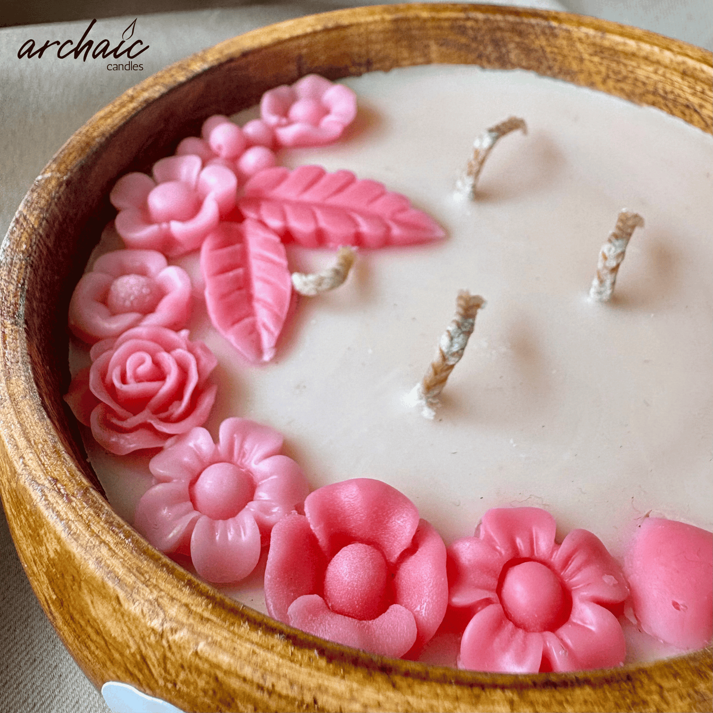 Wooden Bowl Pink flower candle |Blush Meadow| Pure soy wax candles