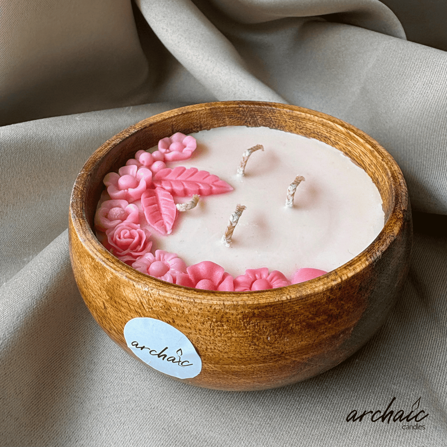Wooden Bowl Pink flower candle |Blush Meadow| Pure soy wax candles
