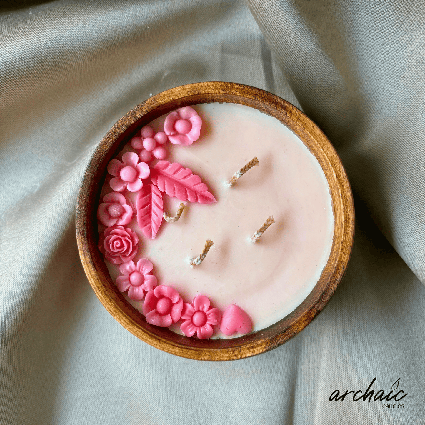 Wooden Bowl Pink flower candle |Blush Meadow| Pure soy wax candles