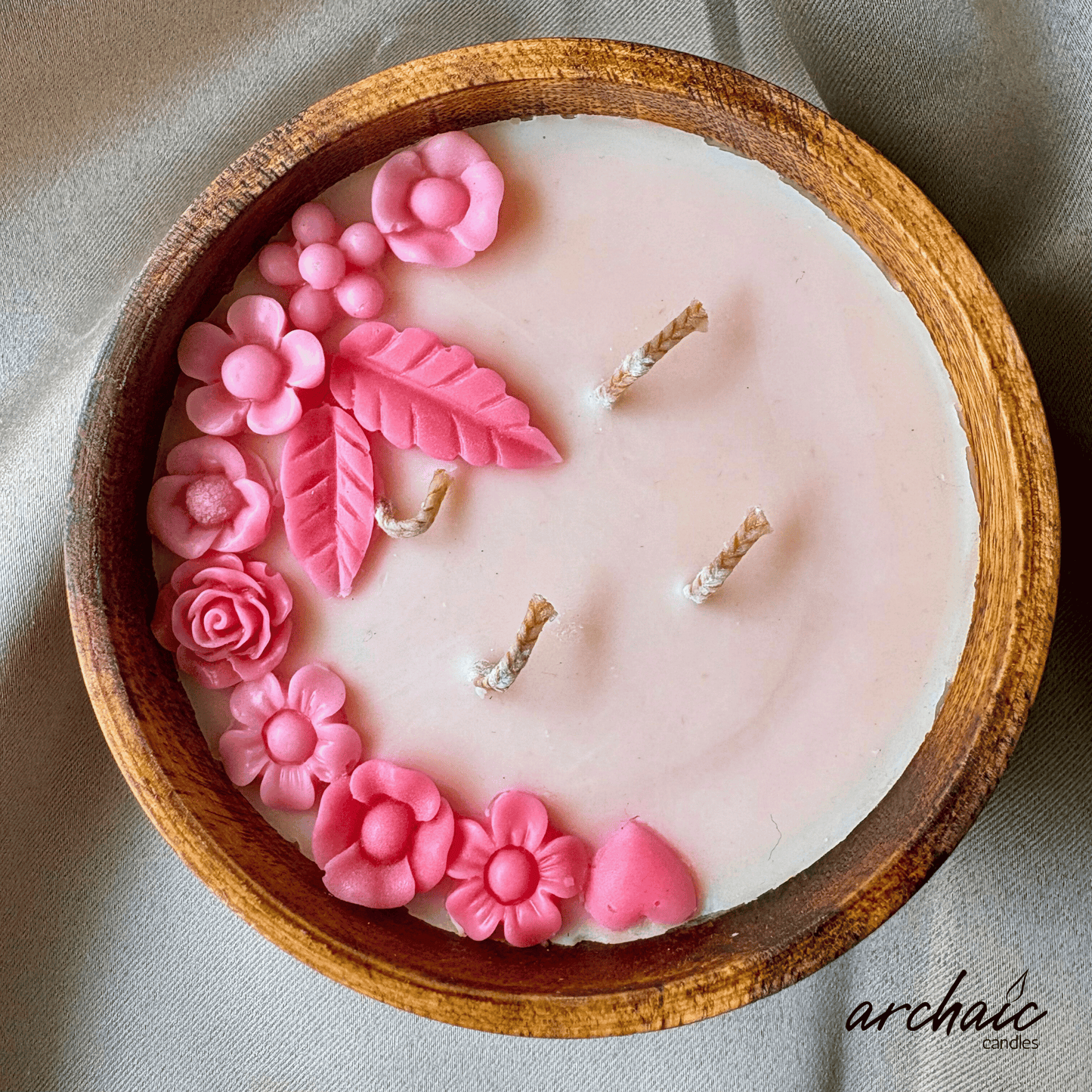 Wooden Bowl Pink flower candle |Blush Meadow| Pure soy wax candles