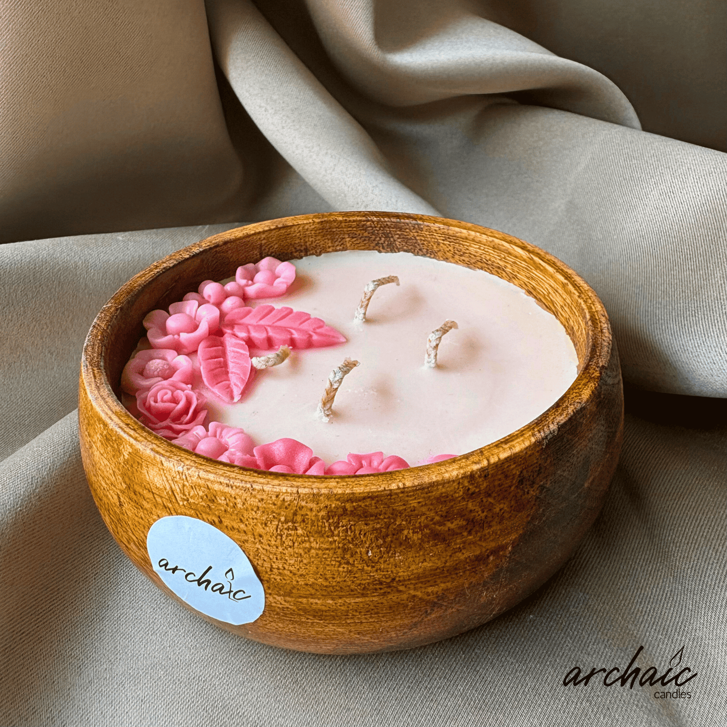 Wooden Bowl Pink flower candle |Blush Meadow| Pure soy wax candles