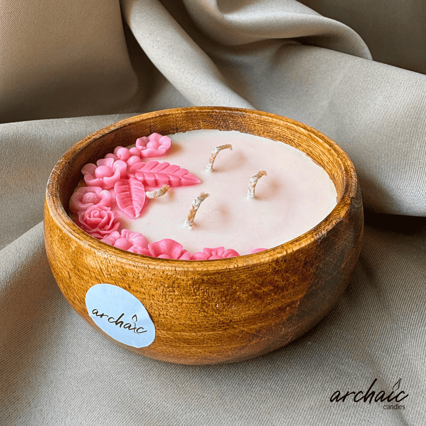 Wooden Bowl Pink flower candle |Blush Meadow| Pure soy wax candles