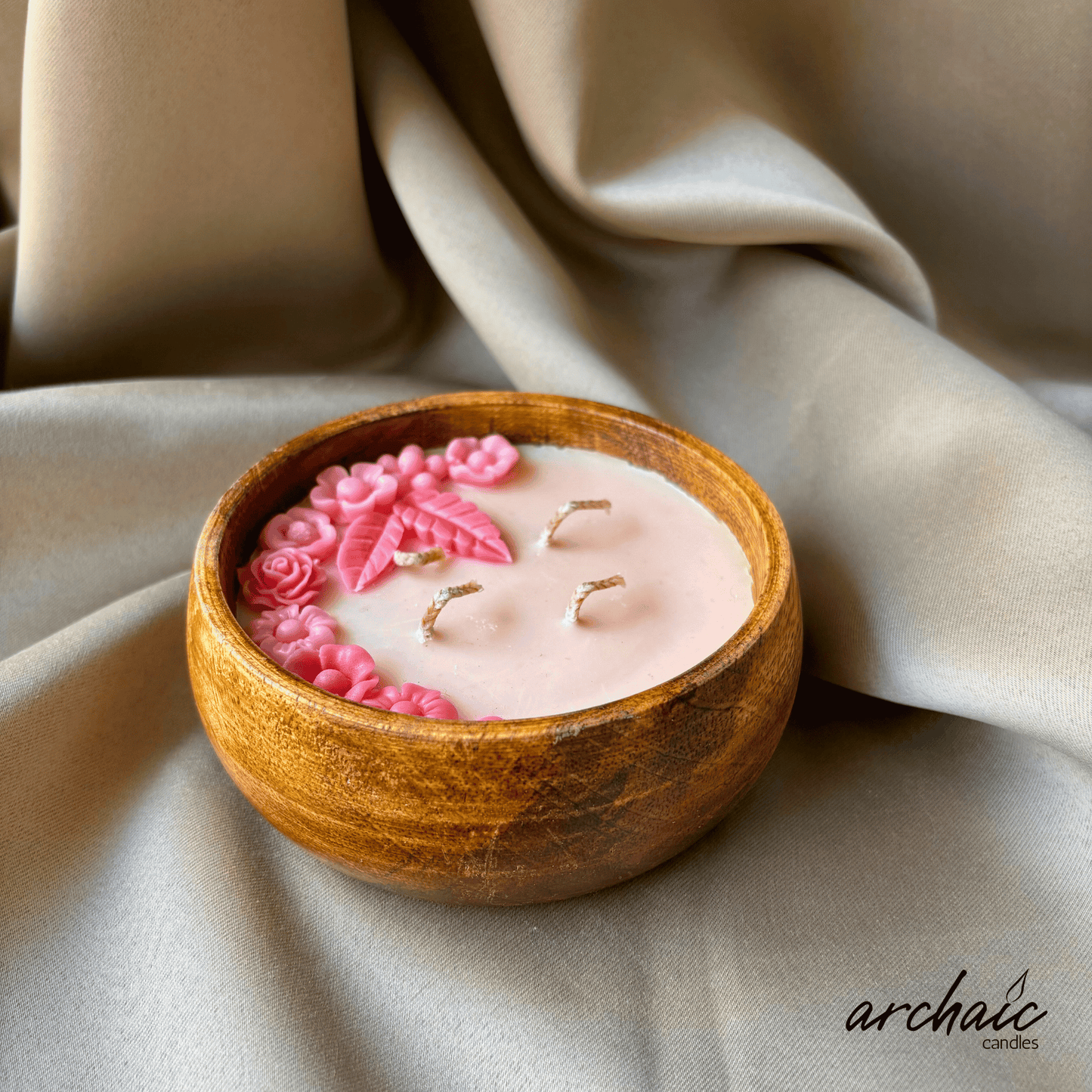 Wooden Bowl Pink flower candle |Blush Meadow| Pure soy wax candles