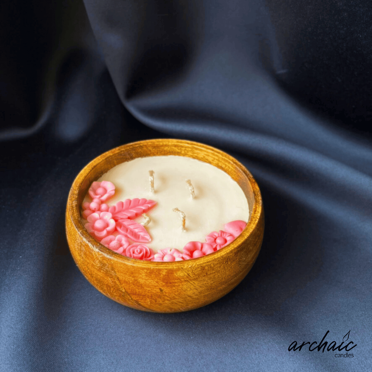 Wooden Bowl Pink flower candle |Blush Meadow| Pure soy wax candles