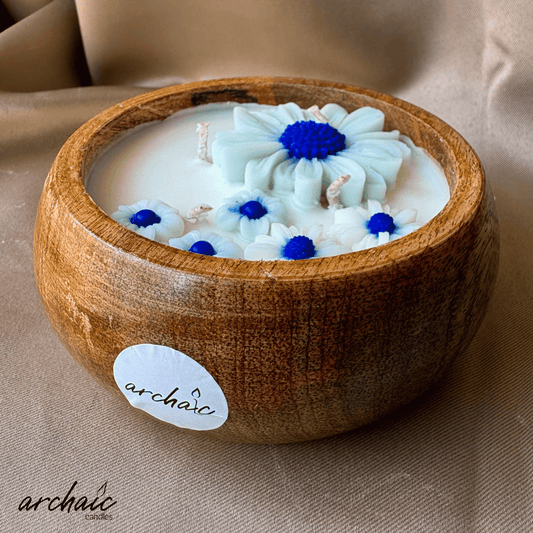 Wooden Bowl Blue flower candle |Blue Serenity| Pure soy wax candles