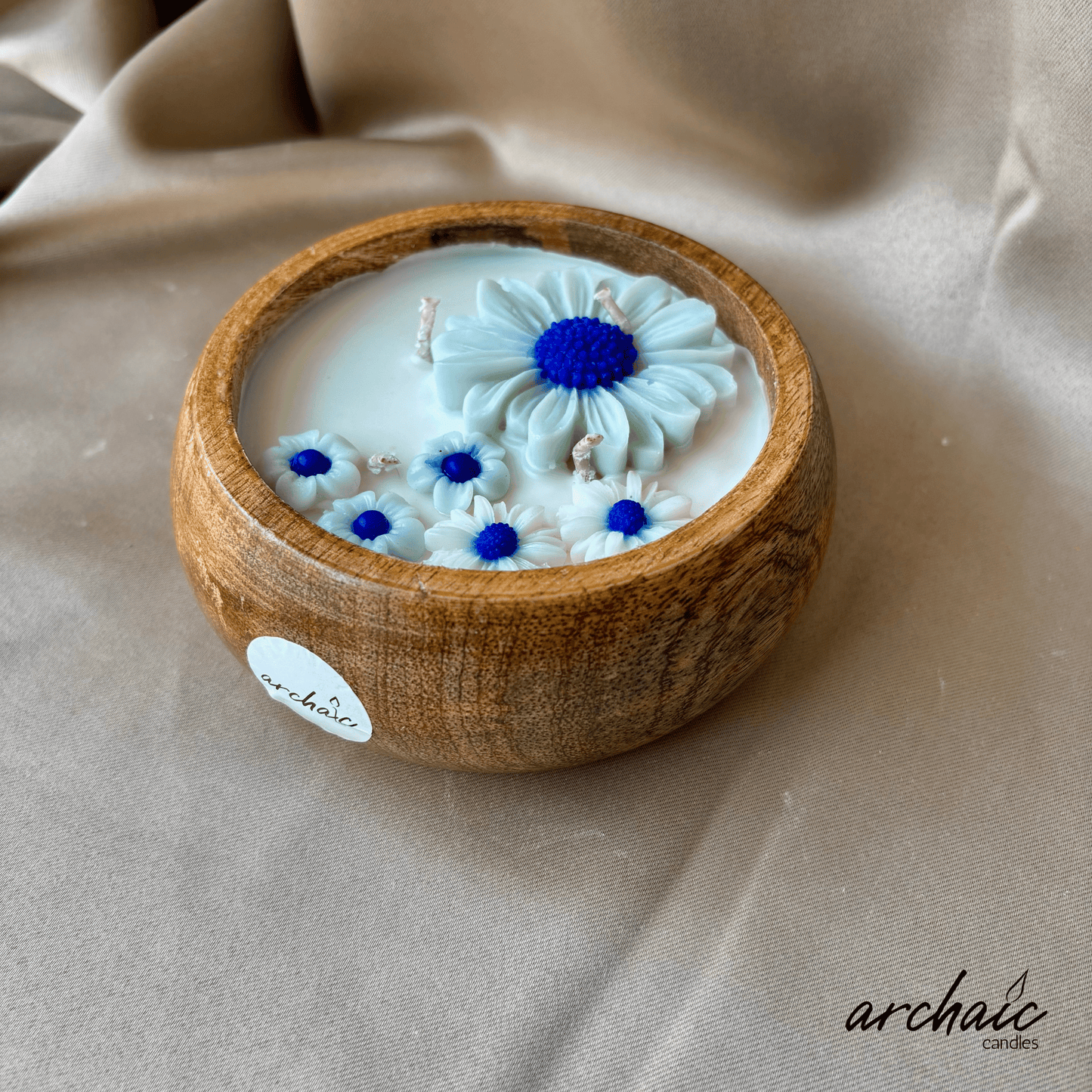 Wooden Bowl Blue flower candle |Blue Serenity| Pure soy wax candles