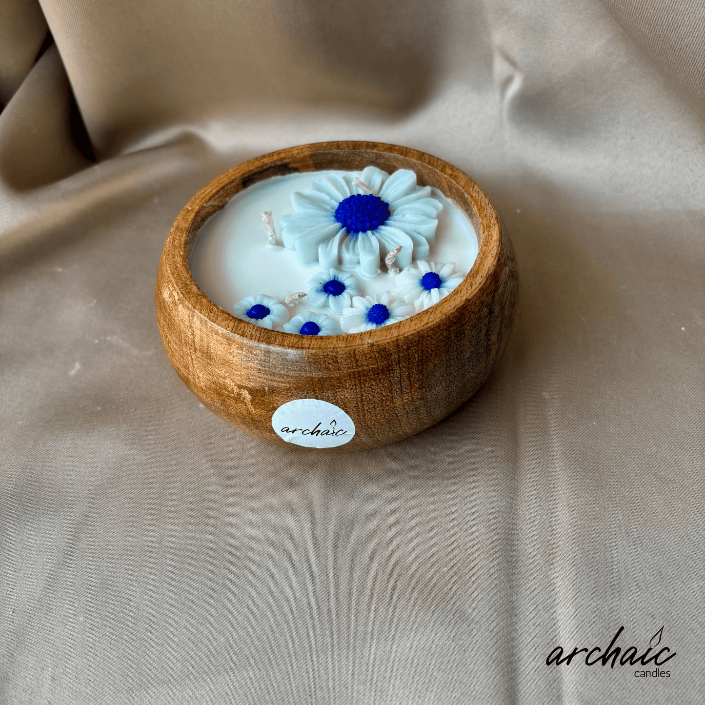 Wooden Bowl Blue flower candle |Blue Serenity| Pure soy wax candles