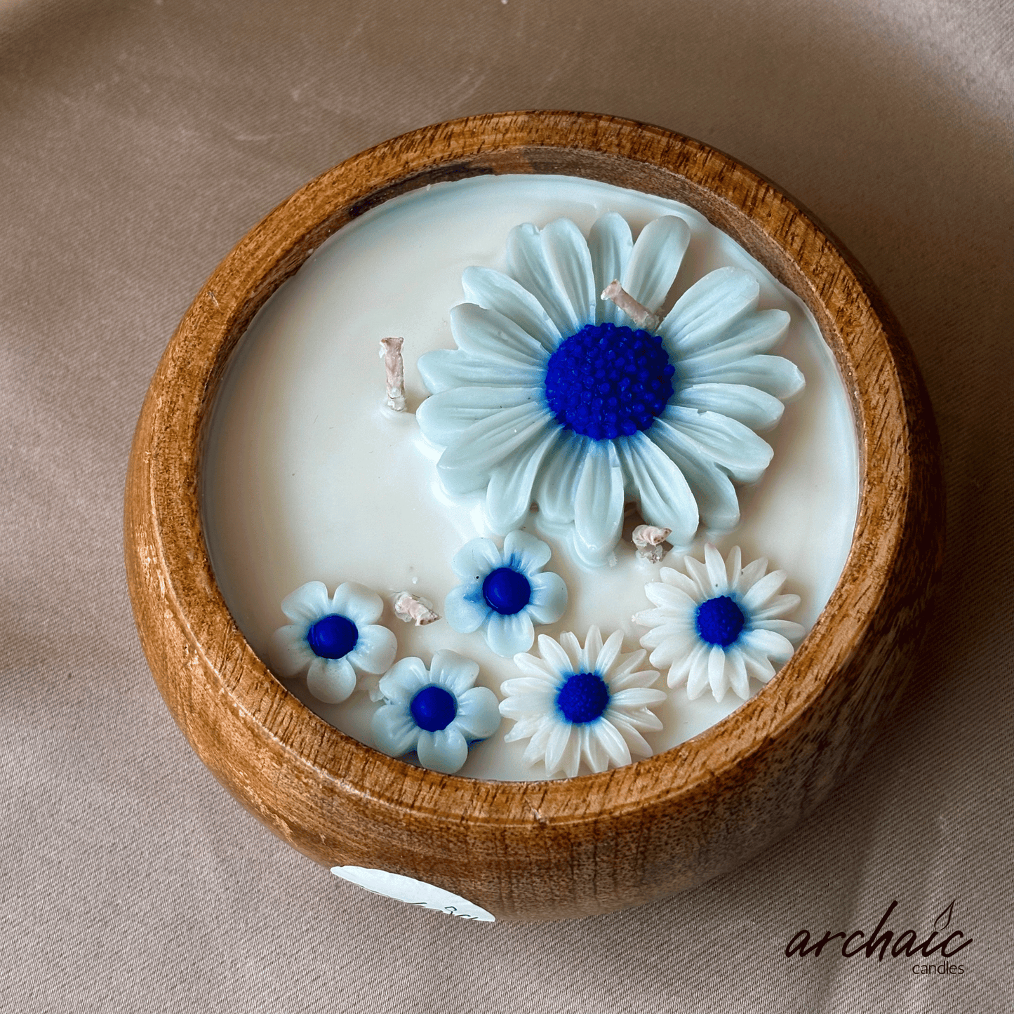 Wooden Bowl Blue flower candle |Blue Serenity| Pure soy wax candles