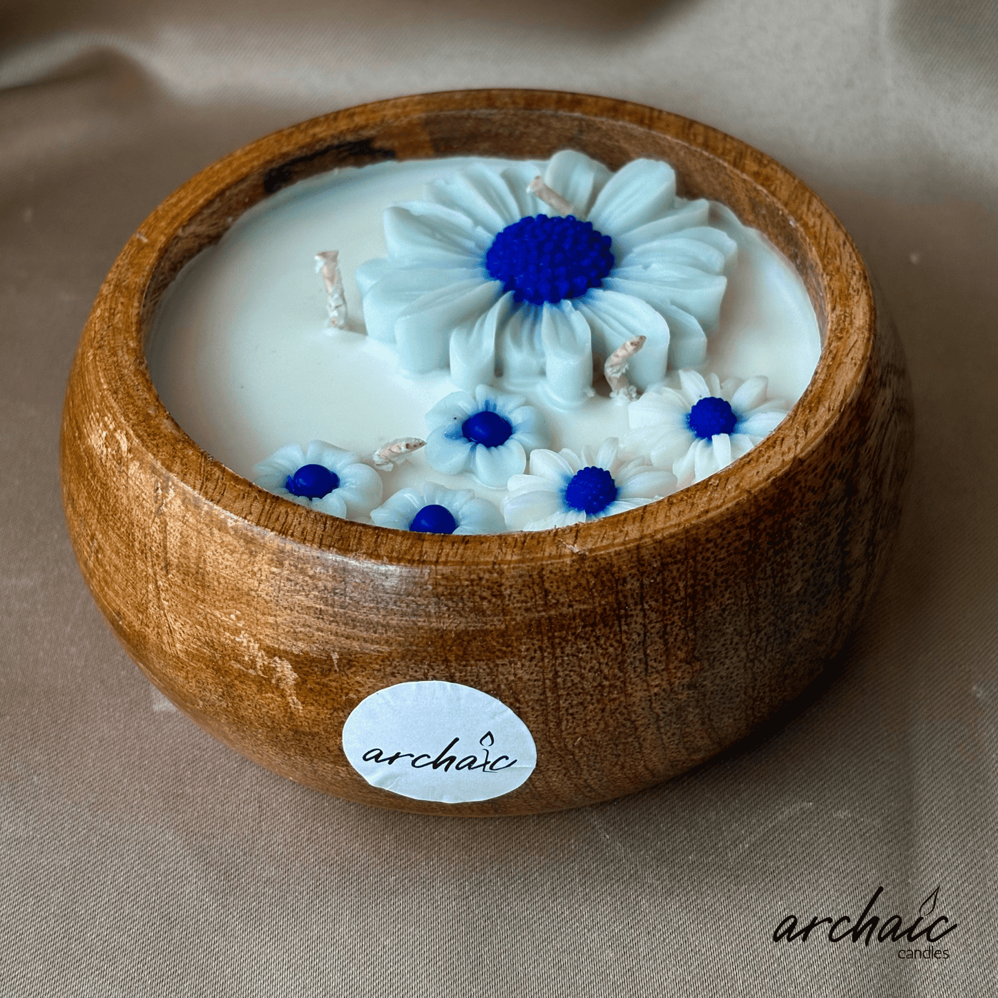 Wooden Bowl Blue flower candle |Blue Serenity| Pure soy wax candles