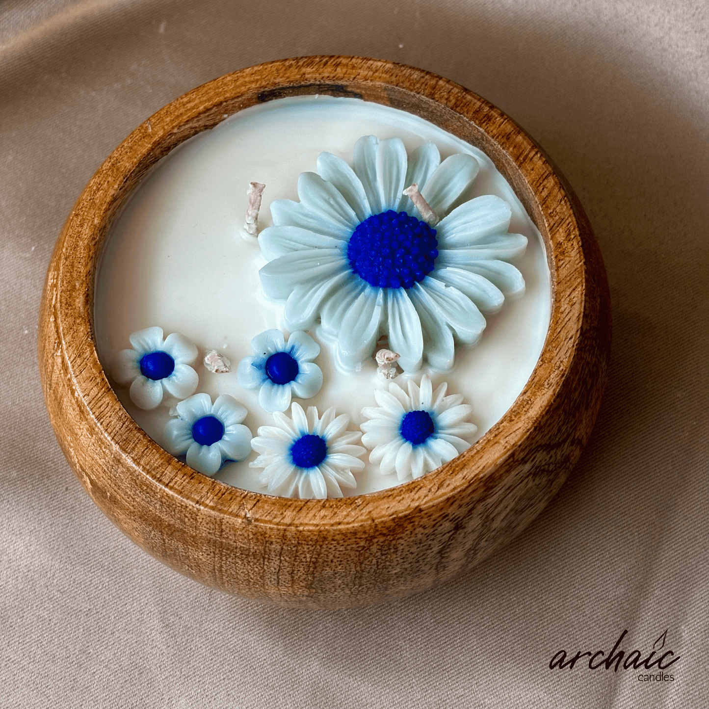 Wooden Bowl Blue flower candle |Blue Serenity| Pure soy wax candles