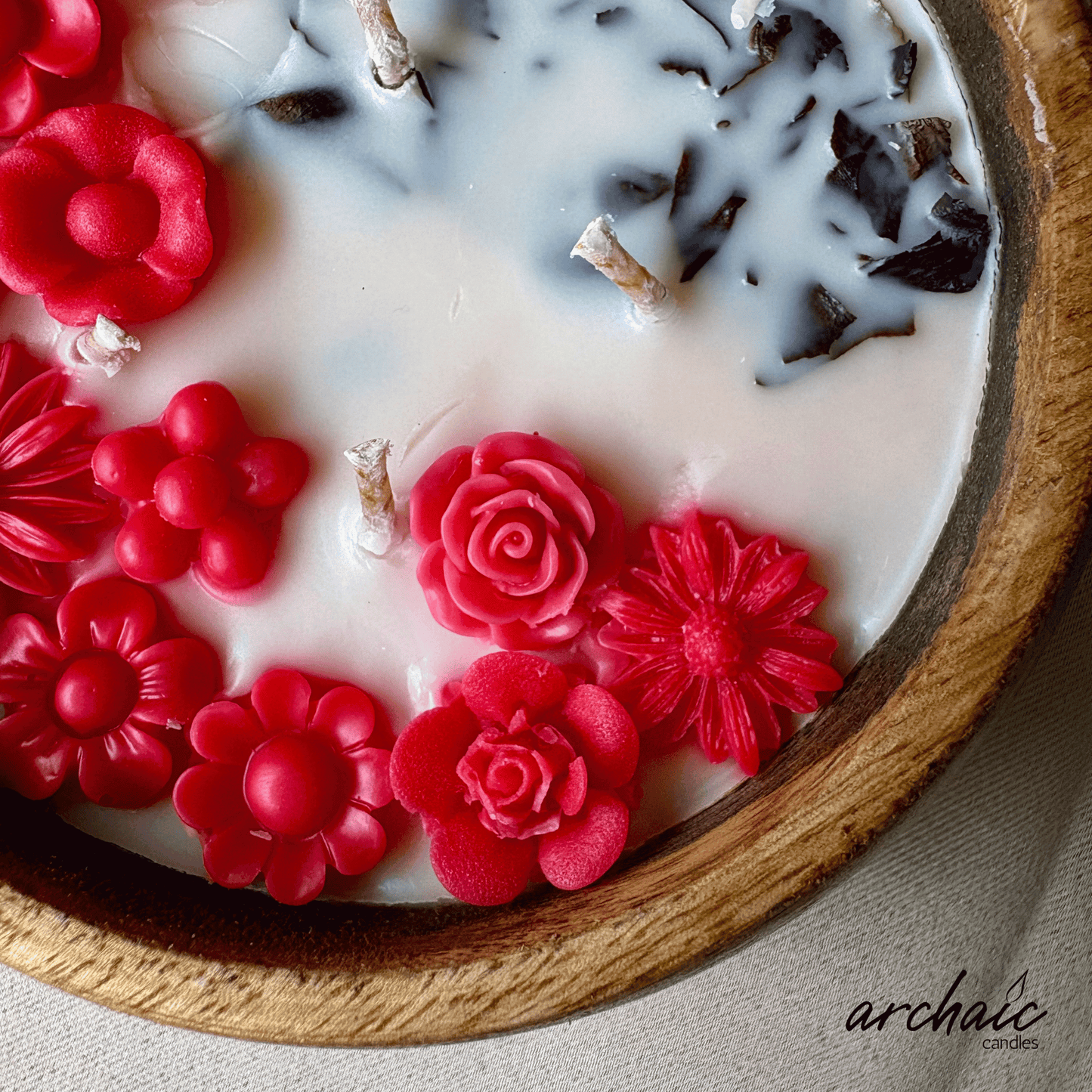 Wooden Bowl Red Small Flowers Scent candle | Ruby Petal| Pure soy wax candles