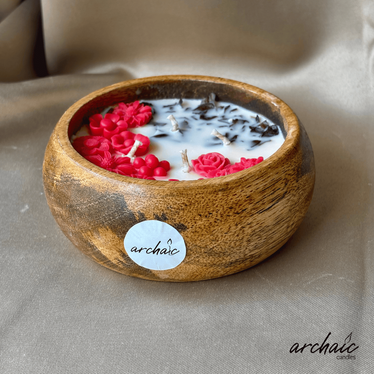 Wooden Bowl Red Small Flowers Scent candle | Ruby Petal| Pure soy wax candles