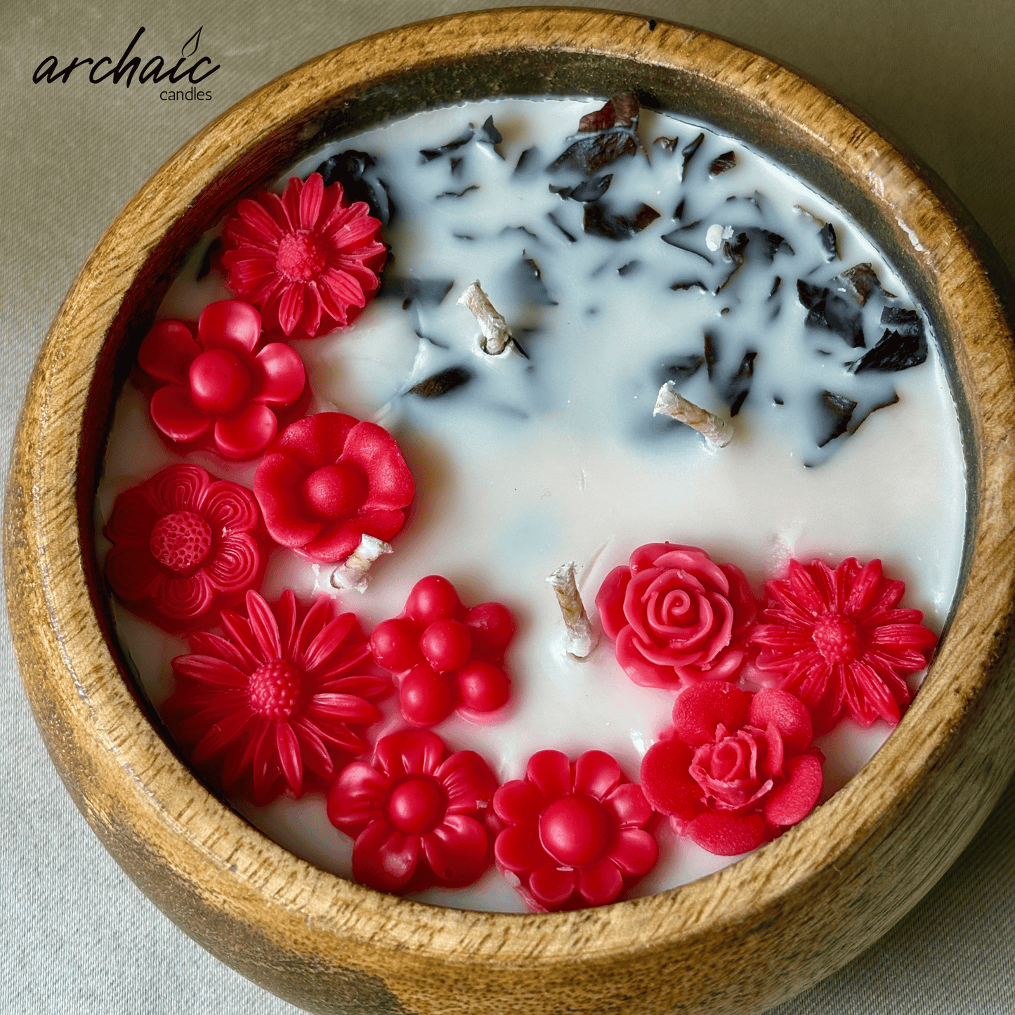Wooden Bowl Red Small Flowers Scent candle | Ruby Petal| Pure soy wax candles