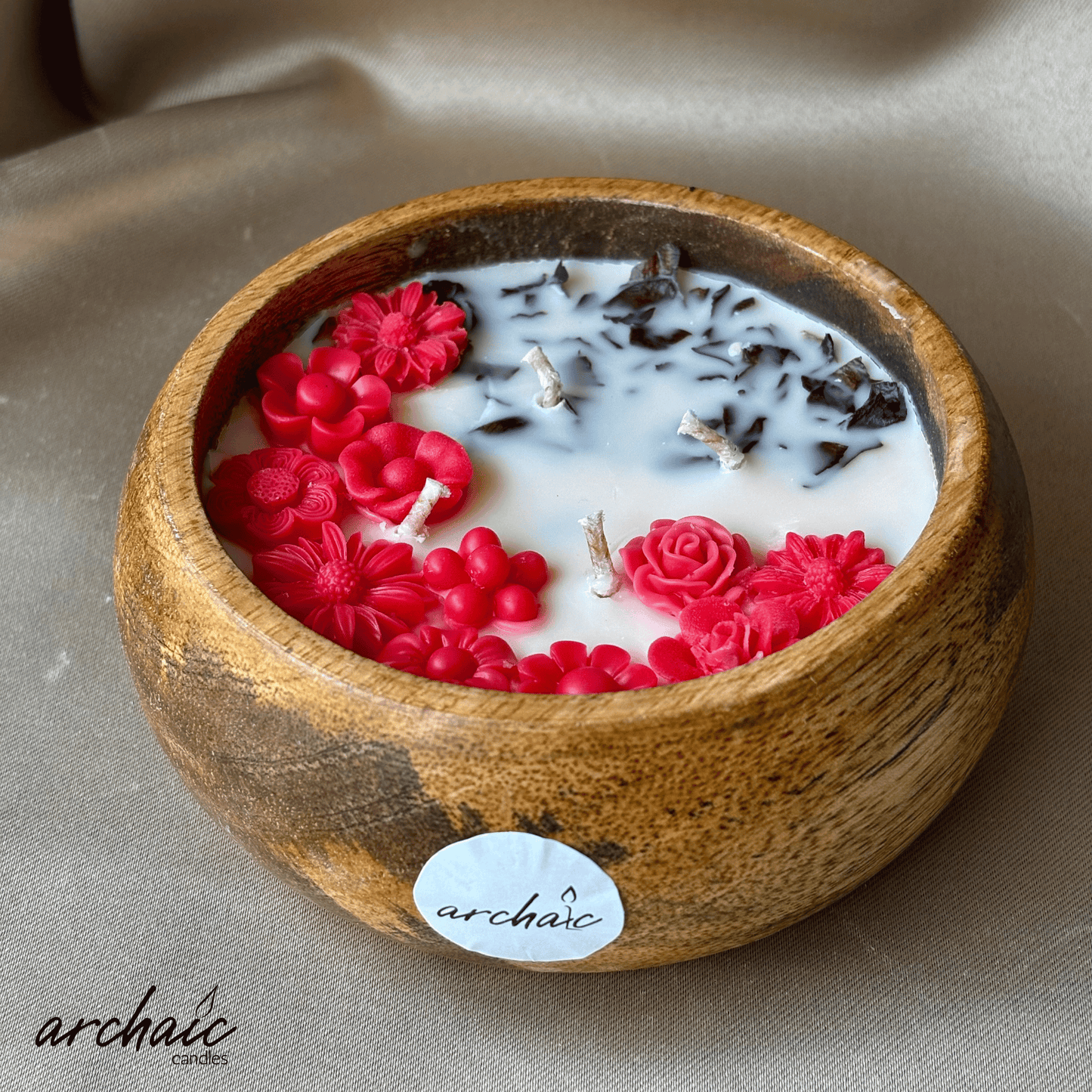 Wooden Bowl Red Small Flowers Scent candle | Ruby Petal| Pure soy wax candles