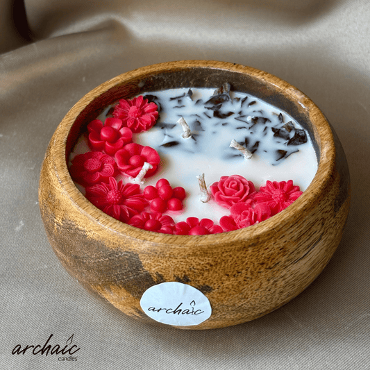Wooden Bowl Red Small Flowers Scent candle | Ruby Petal| Pure soy wax candles
