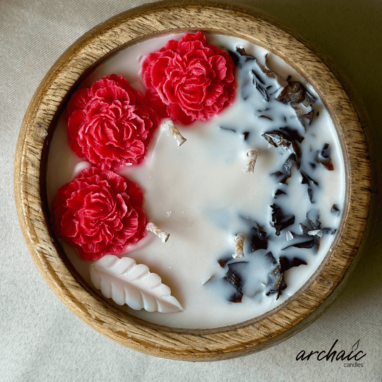 Wooden Bowl Red Rose Flower candle |Crimson Ember Glow| Pure soy wax candles