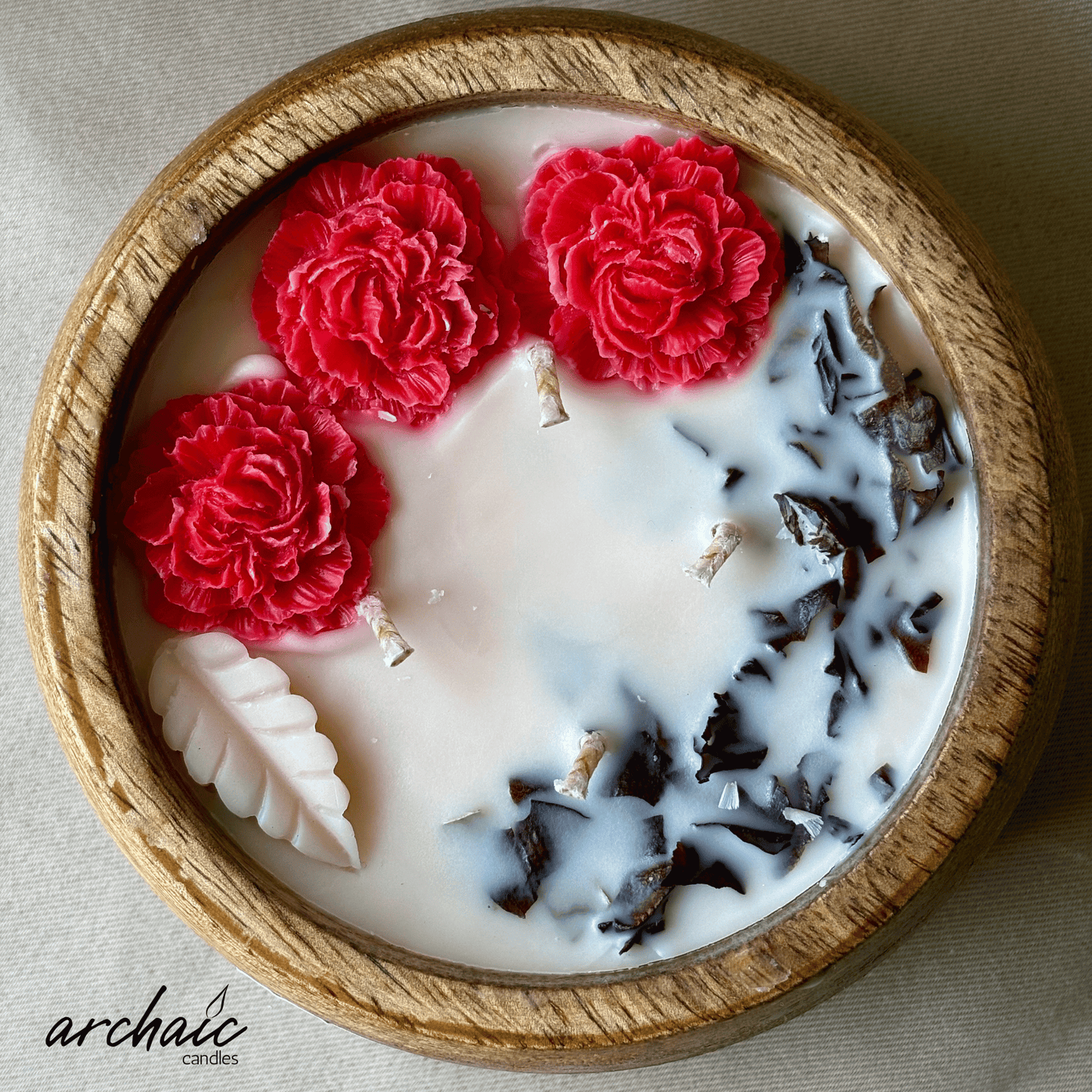 Wooden Bowl Red Rose Flower candle |Crimson Ember Glow| Pure soy wax candles