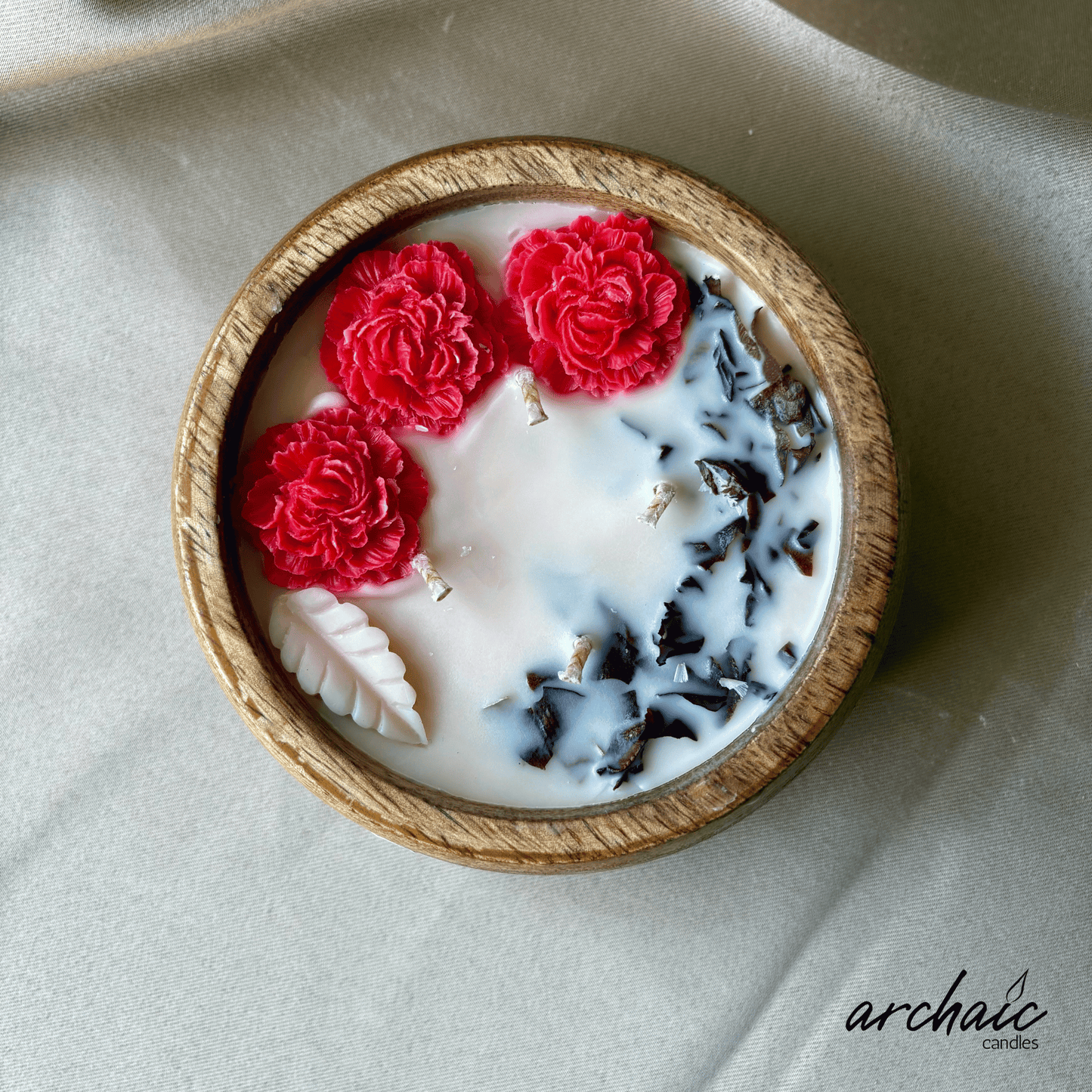 Wooden Bowl Red Rose Flower candle |Crimson Ember Glow| Pure soy wax candles