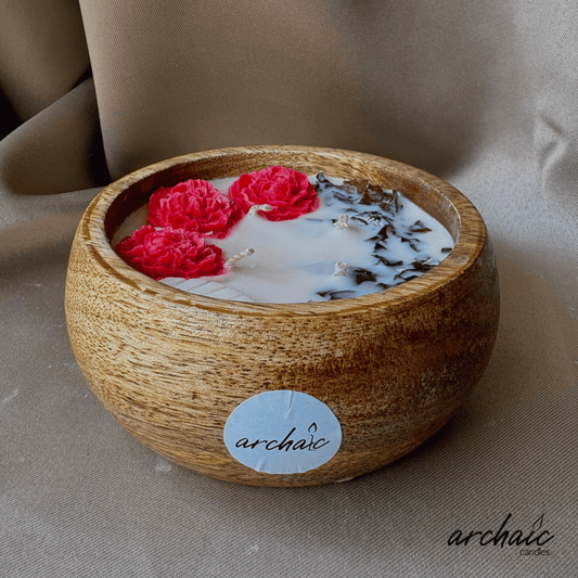 Wooden Bowl Red Rose Flower candle |Crimson Ember Glow| Pure soy wax candles
