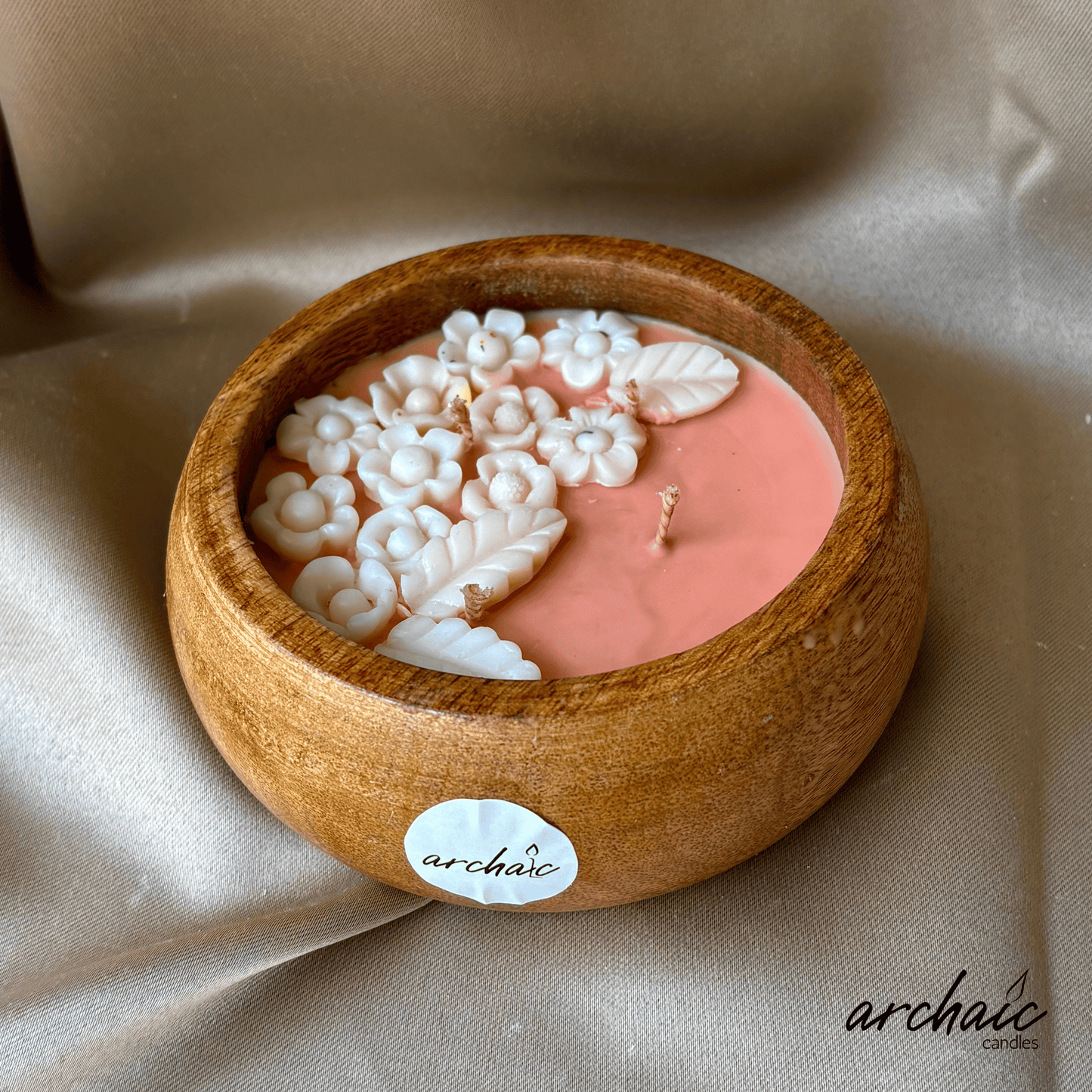 Wooden Peach Bowl White flower candle |Peach Blossom Glow| Pure soy wax candles