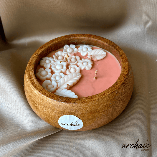 Wooden Peach Bowl White flower candle |Peach Blossom Glow| Pure soy wax candles