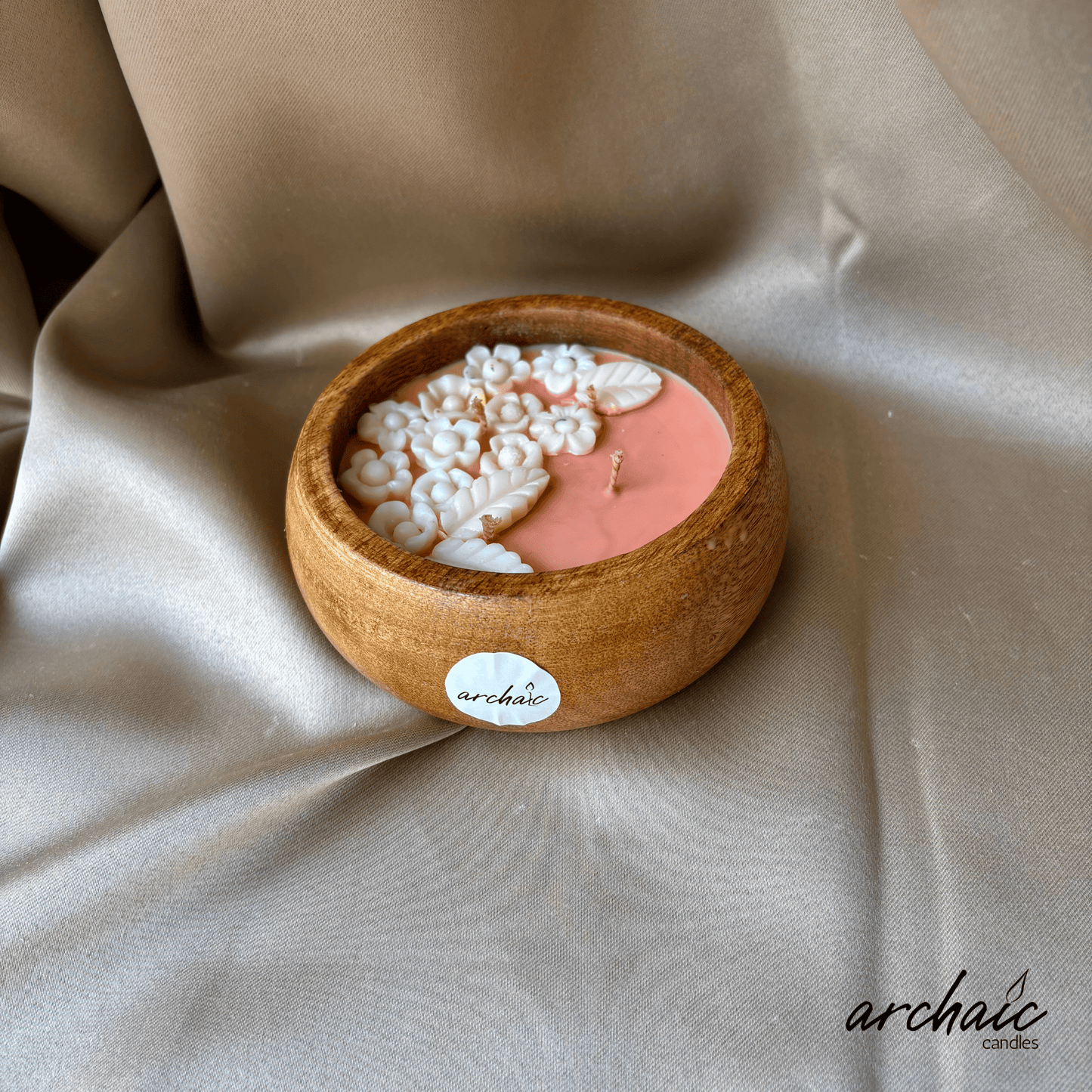 Wooden Peach Bowl White flower candle |Peach Blossom Glow| Pure soy wax candles