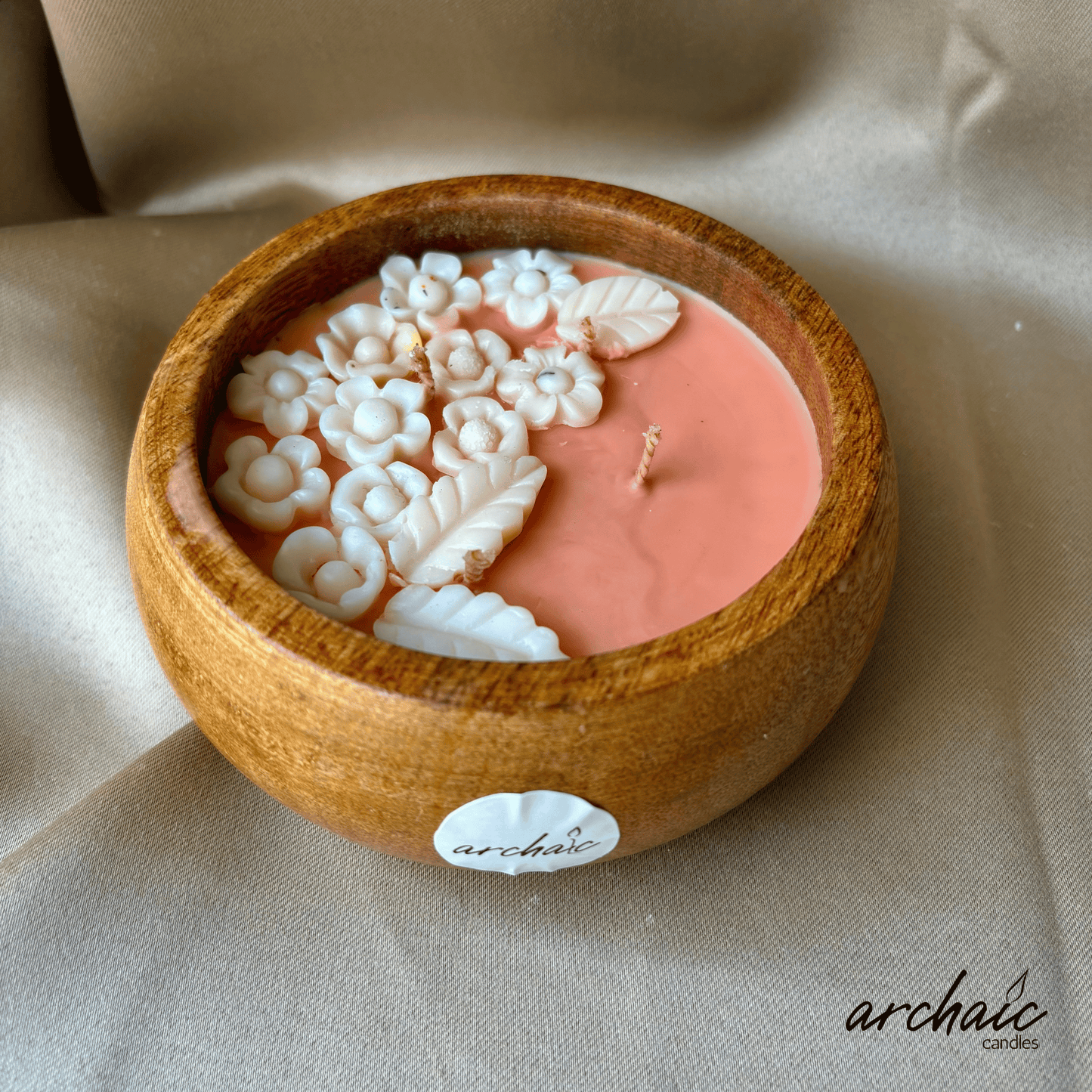 Wooden Peach Bowl White flower candle |Peach Blossom Glow| Pure soy wax candles